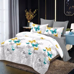 Lenjerie pat dublu,  FINET, cu elastic, 6 piese, Gri, fluturi