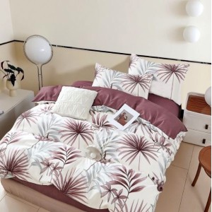 Lenjerie pat 1 PERSOANA, FINET, 4 piese, Alb-Maro, frunze