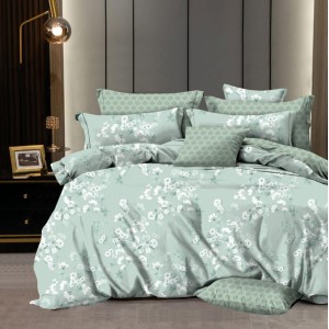 Lenjerie pat dublu,  FINET, 6 piese, Verde, flori