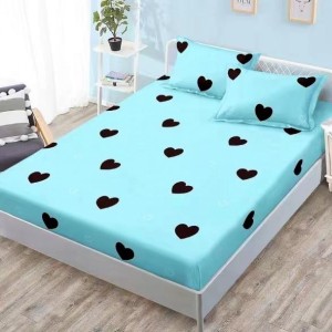 Cearsaf cu elastic, FINET, 180x200cm, 2 fete de perne 50x70cm, Bleu, inimioare