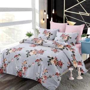 Lenjerie pat dublu,  FINET, cu elastic, 6 piese, Gri, Roz, Flori