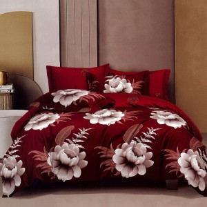 Lenjerie pat dublu,  FINET, 6 piese, Rosu, flori