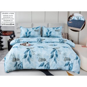 Lenjerie pat dublu, bumbac satinat,  Cearșaf cu ELASTIC 160x200cm, 4 PIESE, Bleu, frunze