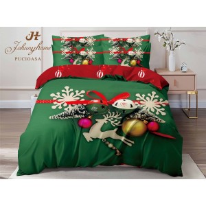 Lenjerie pat dublu,  FINET, Digital Print, Craciun, Verde, Roșu, decorațiuni de Craciun