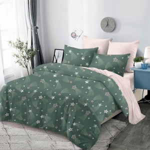 Lenjerie pat dublu,  FINET, cu elastic, 6 piese, Verde, Bej, stelute