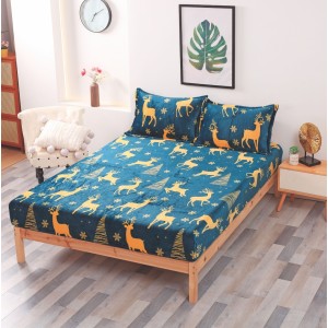 Cearsaf cu elastic CoCoLiNo Polar, 180x200x25cm, 2 fete de perne 50x70cm, Albastru petrol, reni