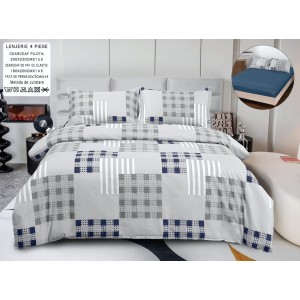 Lenjerie pat dublu, bumbac satinat,  Cearșaf cu ELASTIC 180x200cm, 4 PIESE, Gri, carouri