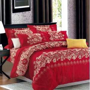 Lenjerie pat dublu,  FINET, 6 piese, Rosu, model floral