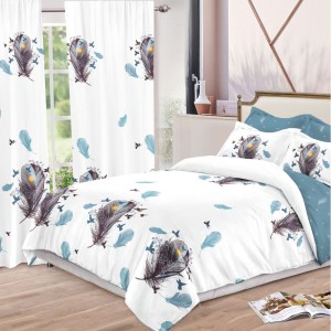 Lenjerie pat dublu,  FINET, 8 piese, cu 2 DRAPERII INCLUSE, Alb, Bleu, pene