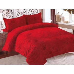 Lenjerie pat dublu, Super Pufoasa COCOLINO, 4 piese, cu ELASTIC, Roșu, trandafiri