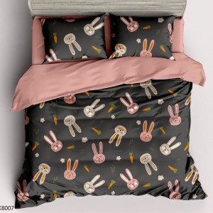 Lenjerie pat Single, BUMBAC 100% Percal, cu 2 Fețe, 4 piese, Gri, Roz, Iepurasi