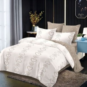 Lenjerie pat dublu,  FINET, cu elastic, 6 piese, Bej, Maro, inimioare