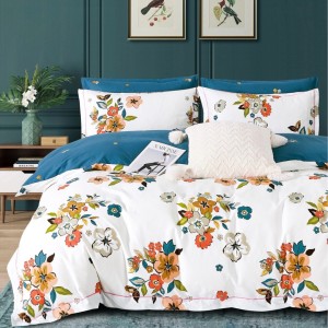 Lenjerie de Pat Dublu, 4 Piese, din Bumbac 100% Percalle cu Două Fețe – Confort Premium, Design Versatil și Durabilitate de Excepție, Alb, Multicolor, flori