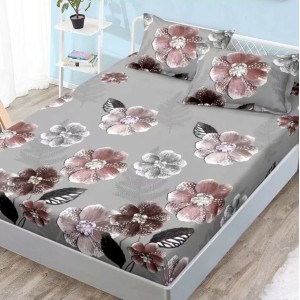 Cearsaf cu elastic, FINET, 180x200cm, 2 fete de perne 50x70cm, Gri, flori