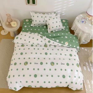 Lenjerie pat 1 PERSOANA,  FINET, 4 piese, cu ELASTIC, Verde, buline