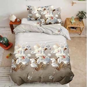 Lenjerie pat 1 PERSOANA, 3 piese, IMPRIMEU 3D Multiplicat, Microfibra, Bej, flori
