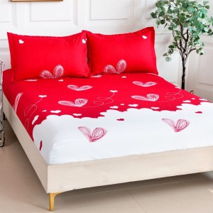 Cearsaf cu elastic, Bumbac Satinat, 160/180x200cm, 2 fete de perne 50x70cm, Alb-Rosu, inimioare