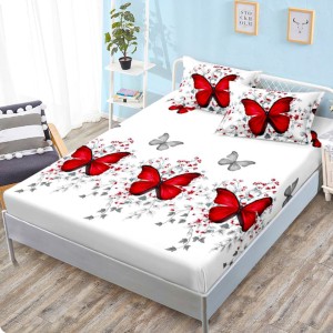 Cearsaf cu elastic, FINET, 160x200cm, 2 fete de perne 50x70cm, Alb, Roșu, Fluturi – confort și eleganță pentru patul tău