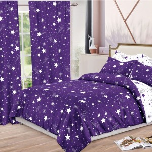 Lenjerie pat dublu,  FINET, 8 piese, cu 2 DRAPERII INCLUSE, Mov, Alb, ploaie de stele