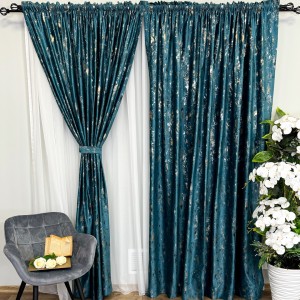 Draperie Catifea CRETA cu insertii aurii, 140cm latime x 260cm înălțime, cu TIV LAT, Turquoise - V6