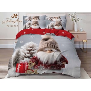 Lenjerie pat dublu,  FINET, Digital Print, Craciun, Gri, Roșu, spiridușul lui Moș Crăciun