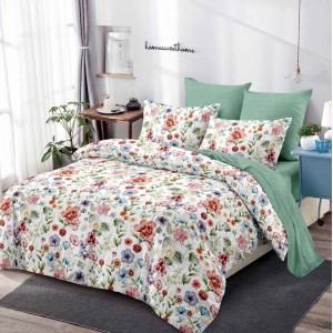 Lenjerie pat dublu,  FINET, cu elastic, 6 piese, Verde, floricele