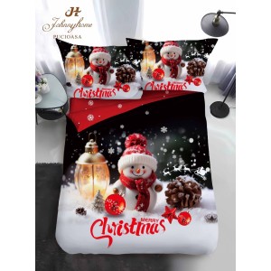 Lenjerie pat 1 PERSOANA, BUMBAC FINET, 4 piese, Identică cu Poza, Craciun, Roșu, Negru, om de zăpadă, fulgi de nea