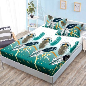 Cearsaf cu elastic, FINET, 160x200cm, 2 fete de perne 50x70cm, Alb, Verde, Pene – confort și eleganță pentru patul tău