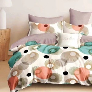 Lenjerie pat dublu,  FINET, cu elastic, 6 piese, Crem, Multicolor, buline