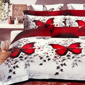 Lenjerie pat dublu, FINET, 6 piese, Roșu, Alb, flori, fluturi Lenjerie pat dublu, FINET, 6 piese, Roșu, Alb, flori, fluturi