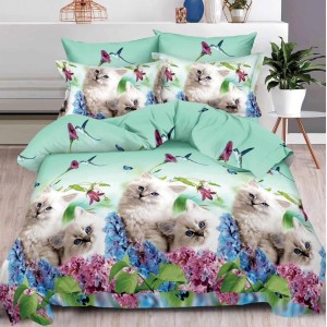 Lenjerie pat dublu, 6 PIESE, IMPRIMEU 3D Multiplicat, Microfibra, Verde, pisicute