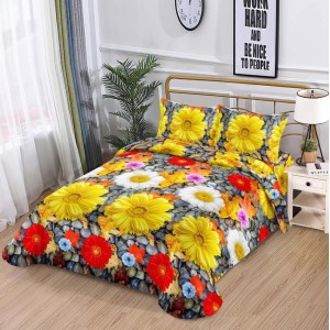 Lenjerie pat 1 PERSOANA, 3 piese, IMPRIMEU 3D Multiplicat, Microfibra, Galben, flori