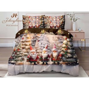Lenjerie pat dublu,  FINET, Digital Print, Craciun, Gri, Multicolor, pitici, brazi