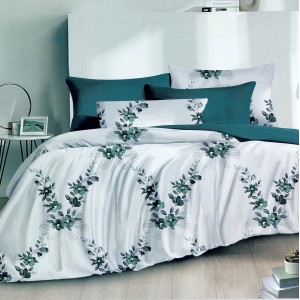 Lenjerie pat dublu,  FINET, 6 piese, Bleu, flori, fundite