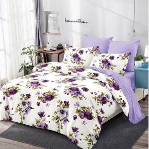 Lenjerie pat dublu,  FINET, cu elastic, 6 piese, Alb, Mov, Bujori, Trandafiri, Flori