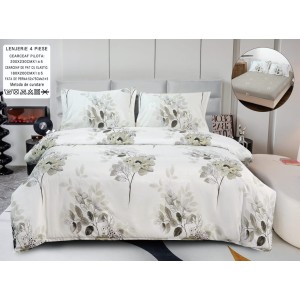 Lenjerie pat dublu, bumbac satinat,  Cearșaf cu ELASTIC 180x200cm, 4 PIESE, Crem, flori