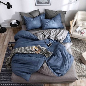 Lenjerie pat 1 PERSOANA, 4 piese, cu ELASTIC,  Gri-Albastru