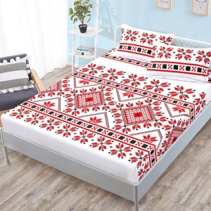 Cearsaf cu elastic, FINET, 180x200cm, 2 fete de perne 50x70cm, Alb-Rosu, model traditional