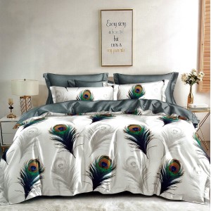 Lenjerie pat dublu,  FINET, 6 piese, cu ELASTIC, Gri, pene de paun