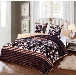 Pilota CoCoLiNo Frizzy cu blanita, matlasata, 200x230cm, cu fete de perna 60x60cm, Crem, Maro, model floral