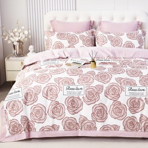 Lenjerie de Pat Dublu, Super Premium,  Finet Ranforsat – Set Exclusivist 6 Piese, Ambalat în Cutie de Lux, Alb, Roz, trandafiri