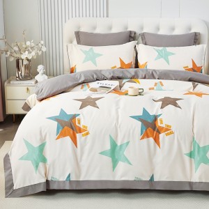 Lenjerie de Pat Dublu, Super Premium,  Finet Ranforsat – Set Exclusivist 6 Piese, Ambalat în Cutie de Lux, Crem, Gri, stelute