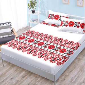 Cearsaf cu elastic, FINET, 180x200cm, 2 fete de perne 50x70cm, Alb-Rosu, model traditional