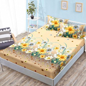 Cearsaf cu elastic, FINET, 160x200cm, 2 fete de perne 50x70cm, Bej, Flori – confort și eleganță pentru patul tău