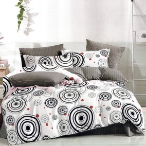 Lenjerie pat dublu,  FINET, 6 piese, Alb-Negru, cercuri, buline