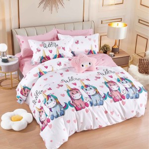 Lenjerie pat dublu,  FINET, 6 piese, Jojo Home, Alb, Multicolor, unicorni