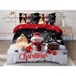 Lenjerie pat dublu,  FINET, Digital Print, Craciun, Roșu, Negru, om de zăpadă, fulgi de nea
