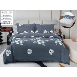 Lenjerie pat dublu, bumbac satinat,  Cearșaf cu ELASTIC 180x200cm, 4 PIESE, Gri, flori
