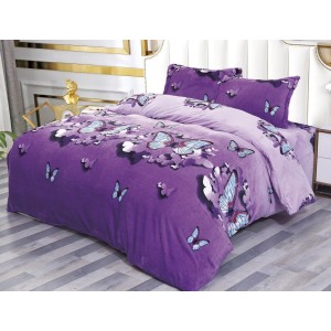 Lenjerie pat dublu, Super Pufoasa COCOLINO, 4 piese, cu ELASTIC, Mov, fluturi