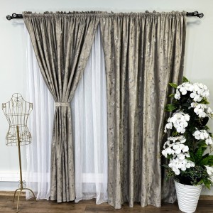 Set Draperii Catifea Asama cu insertii aurii - 200cm x 250cm ,Tiv lat,  Grej - V31